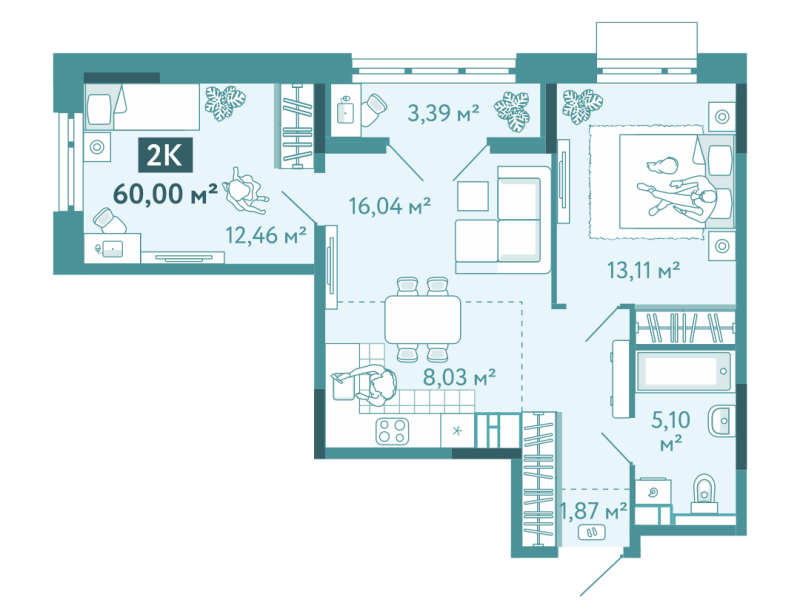Планировка 2-комн. квартира, 60 м² — ЖК «Акватория»