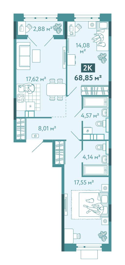 Планировка 2-комн. квартира, 68.8 м² — ЖК «Акватория»