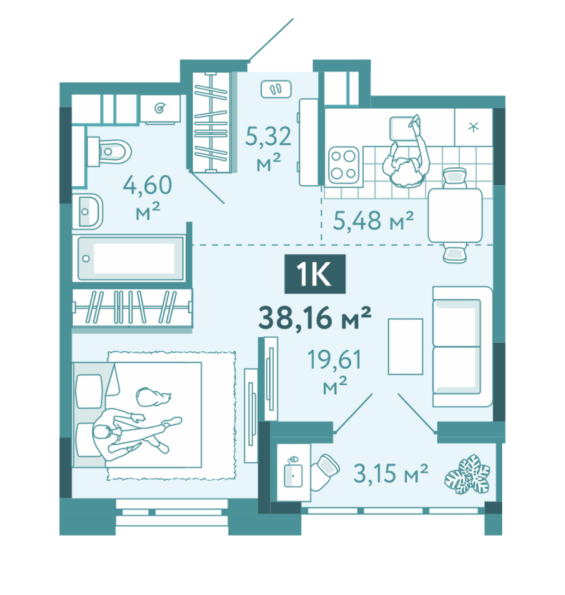 Планировка 1-комн. квартира, 38.2 м² — ЖК «Акватория»