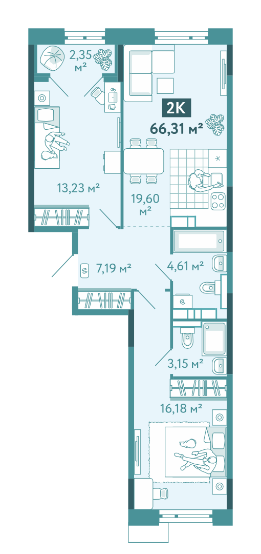 Планировка 2-комн. квартира, 66.3 м² — ЖК «Акватория»