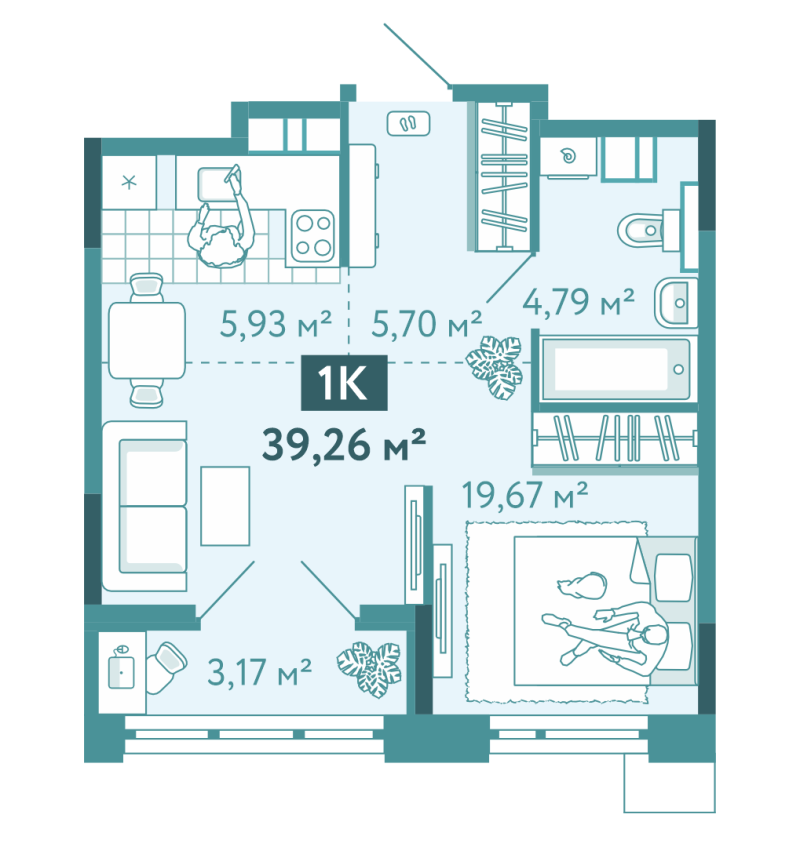 Планировка 1-комн. квартира, 39.3 м² — ЖК «Акватория»