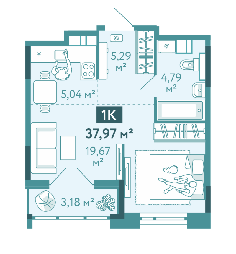 Планировка 1-комн. квартира, 38 м² — ЖК «Акватория»