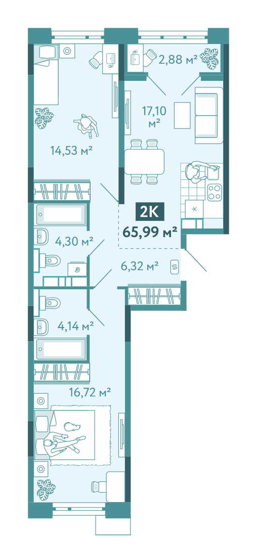 Планировка 2-комн. квартира, 66 м² — ЖК «Акватория»