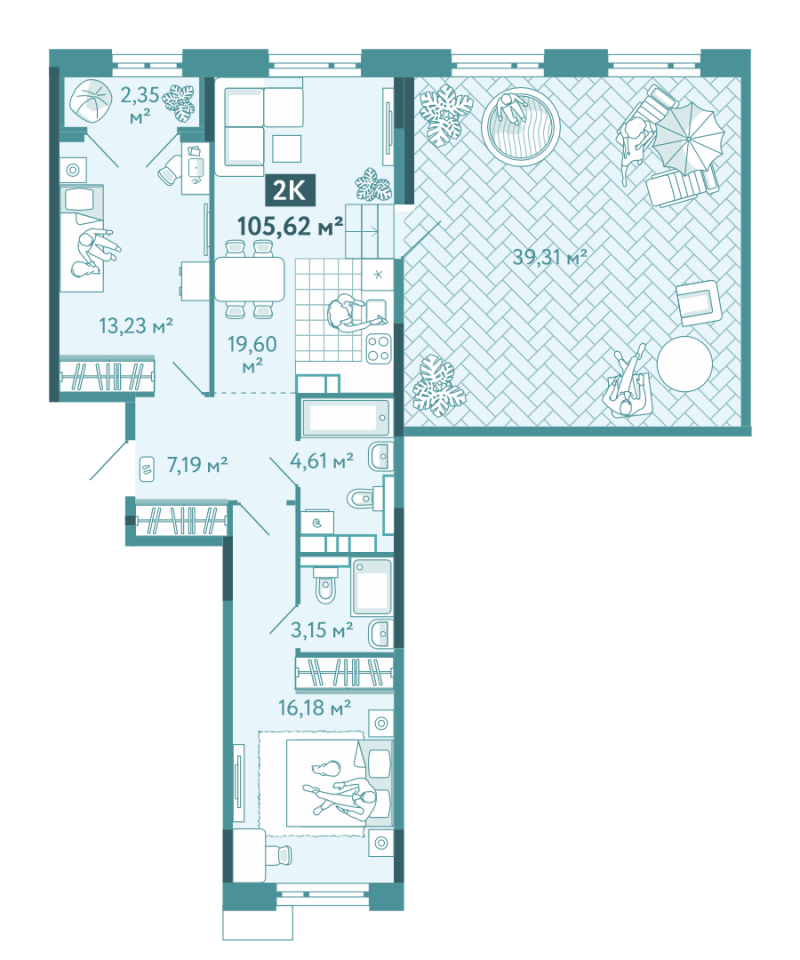 Планировка 2-комн. квартира, 105.6 м² — ЖК «Акватория»