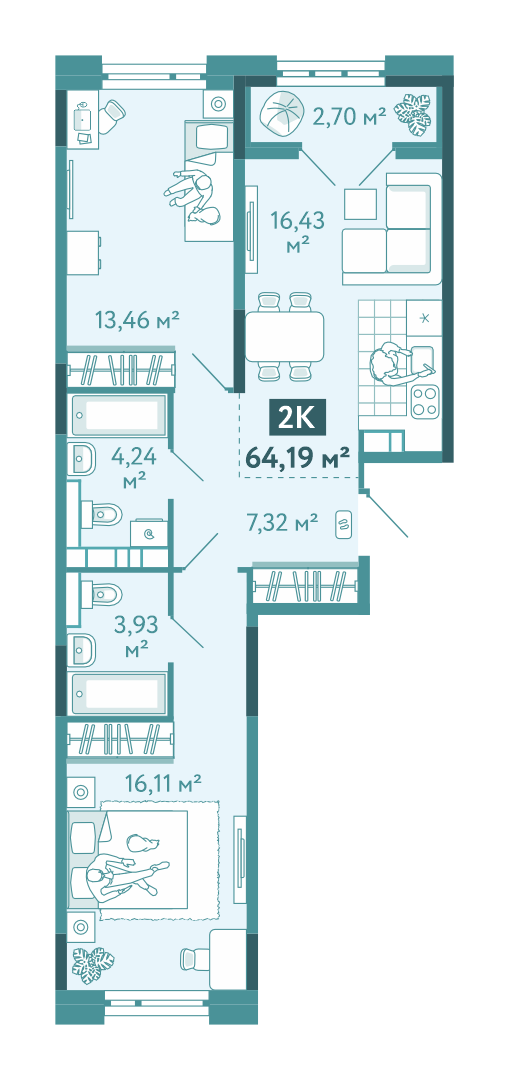 Планировка 2-комн. квартира, 64.2 м² — ЖК «Акватория»