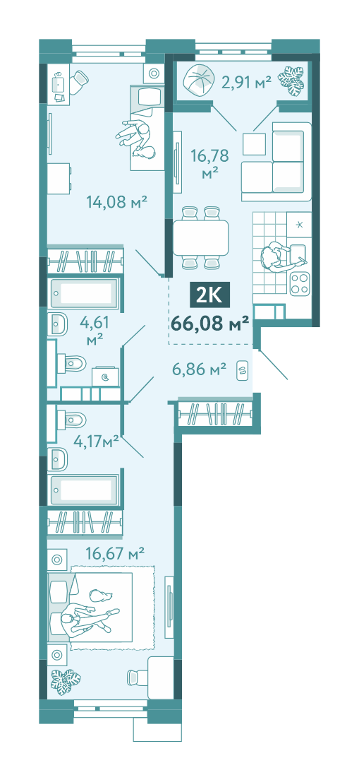 Планировка 2-комн. квартира, 66.1 м² — ЖК «Акватория»