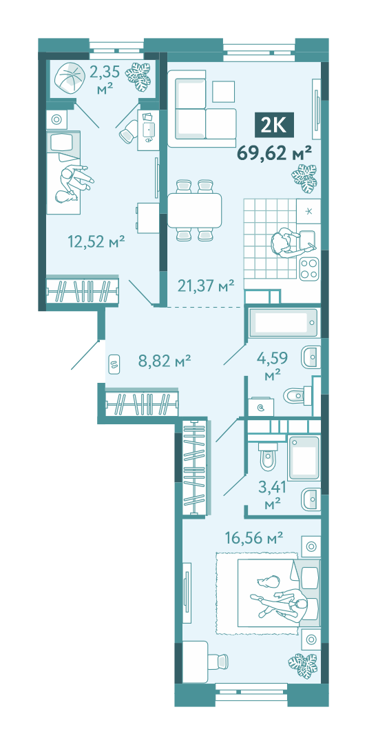 Планировка 2-комн. квартира, 69.6 м² — ЖК «Акватория»