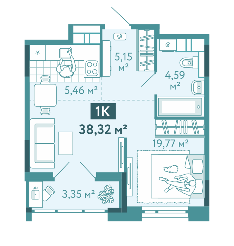 Планировка 1-комн. квартира, 38.3 м² — ЖК «Акватория»
