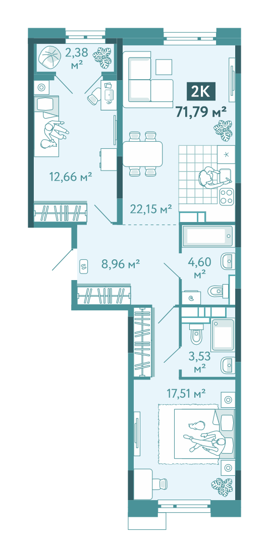 Планировка 2-комн. квартира, 71.8 м² — ЖК «Акватория»