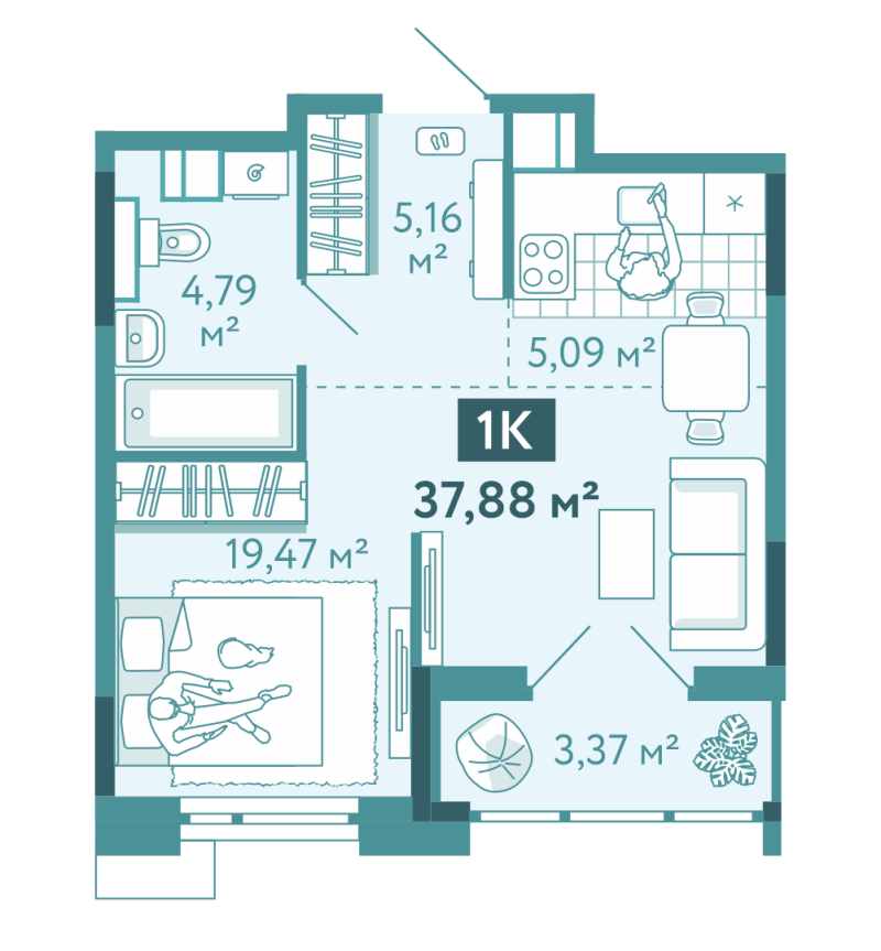Планировка 1-комн. квартира, 37.9 м² — ЖК «Акватория»