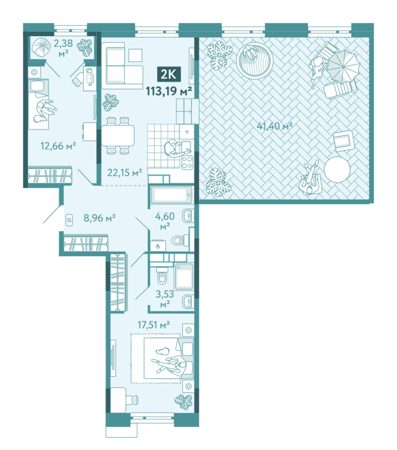 Планировка 2-комн. квартира, 113.2 м² — ЖК «Акватория»