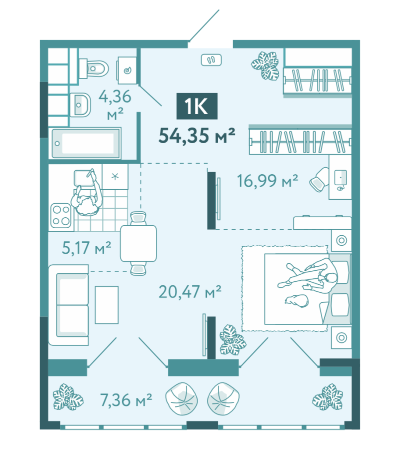 Планировка 1-комн. квартира, 54.4 м² — ЖК «Акватория»