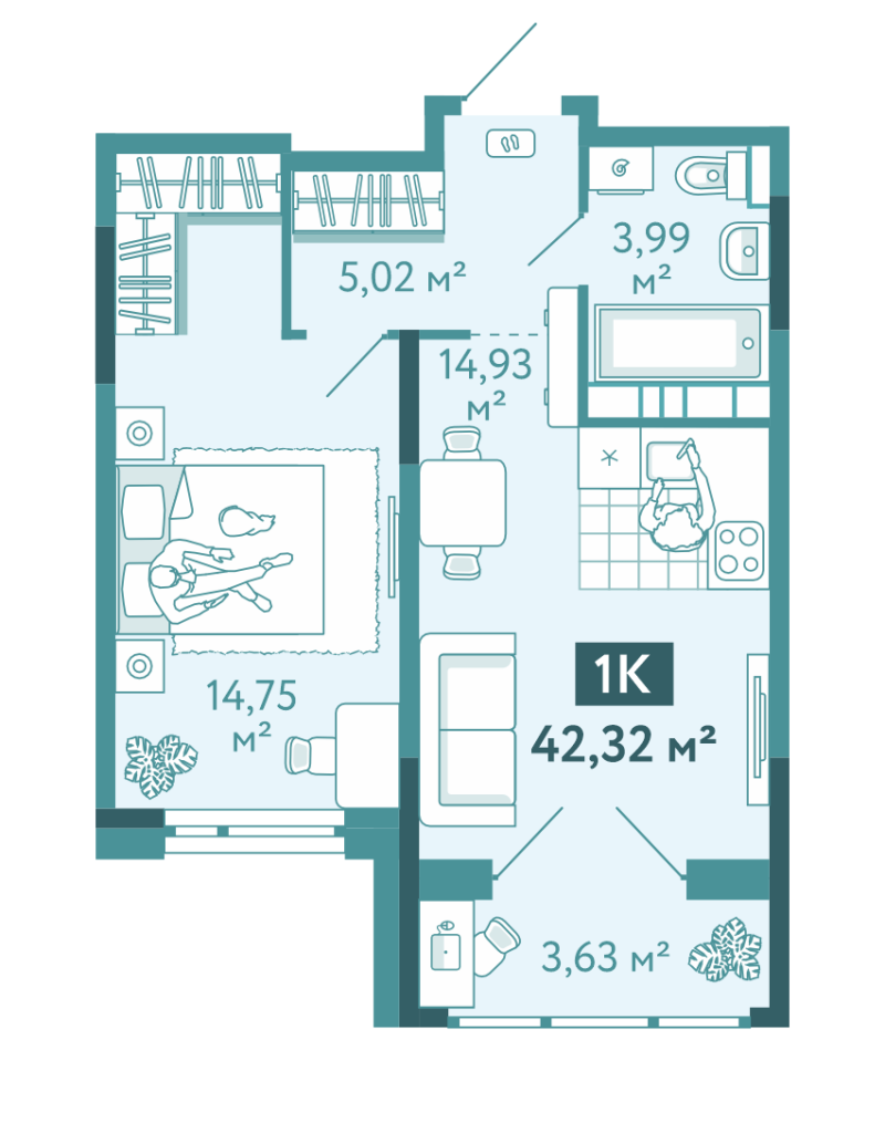 Планировка 1-комн. квартира, 42.3 м² — ЖК «Акватория»