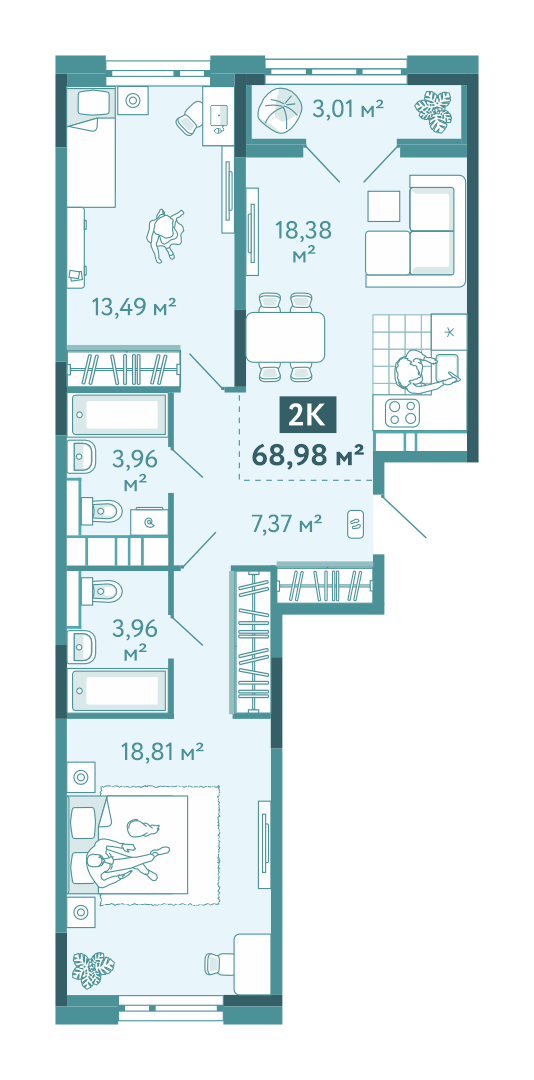 Планировка 2-комн. квартира, 69 м² — ЖК «Акватория»
