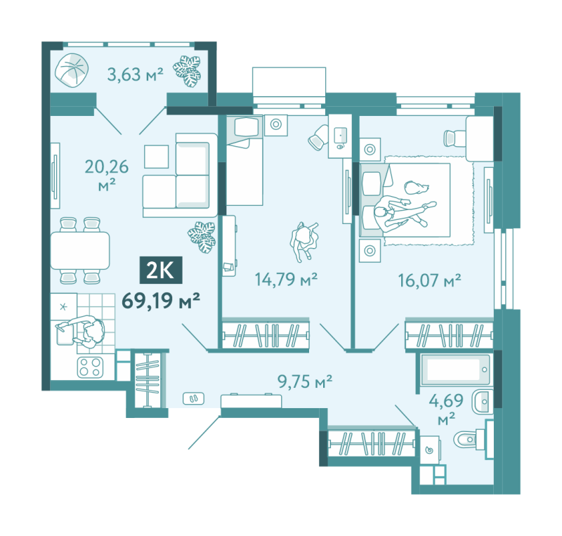 Планировка 2-комн. квартира, 69.2 м² — ЖК «Акватория»