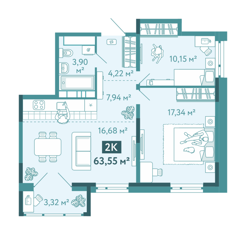 Планировка 2-комн. квартира, 63.5 м² — ЖК «Акватория»