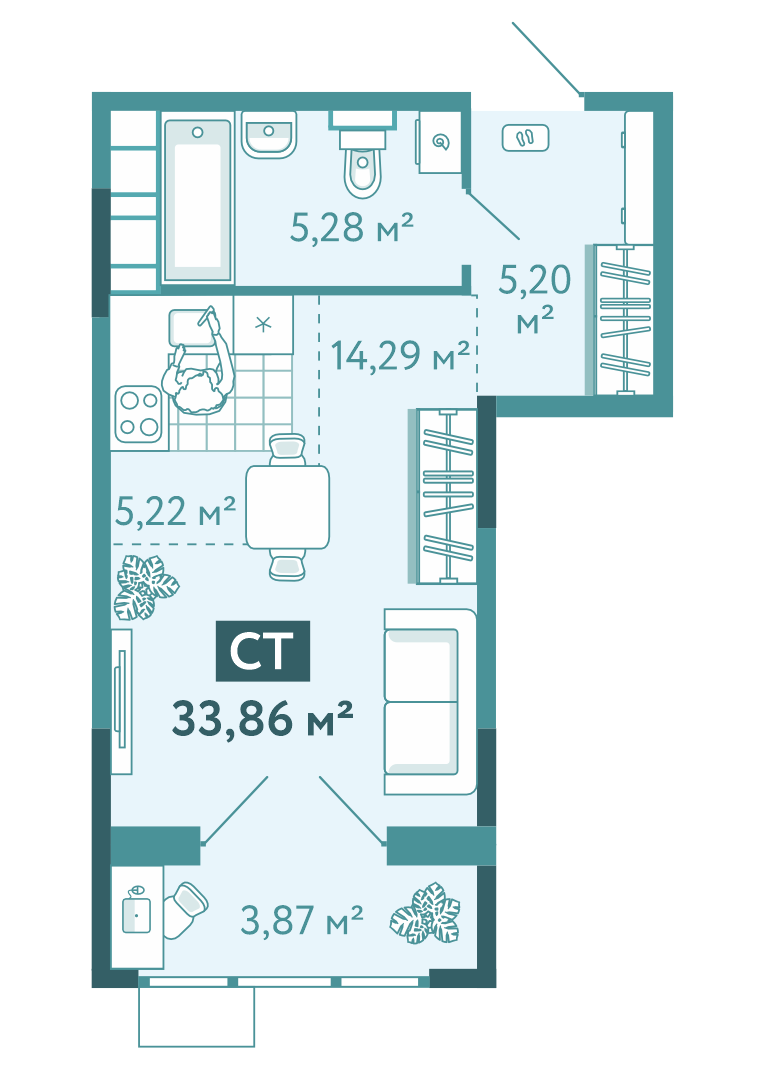 Планировка Студия, 33.9 м² — ЖК «Акватория»