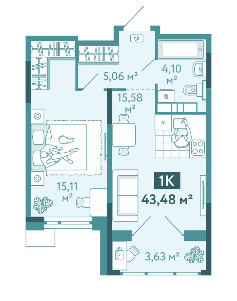 Планировка 1-комн. квартира, 43.5 м² — ЖК «Акватория»