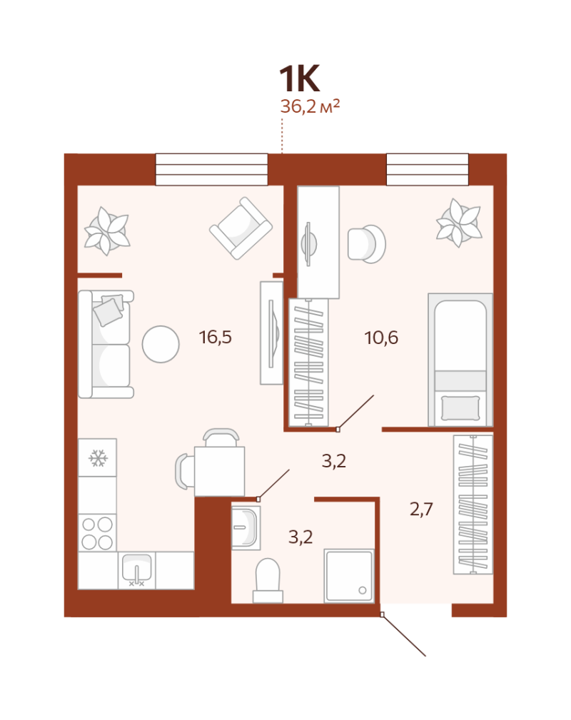 Планировка 1-комн. квартира, 36.2 м² — ЖК «Новатор»