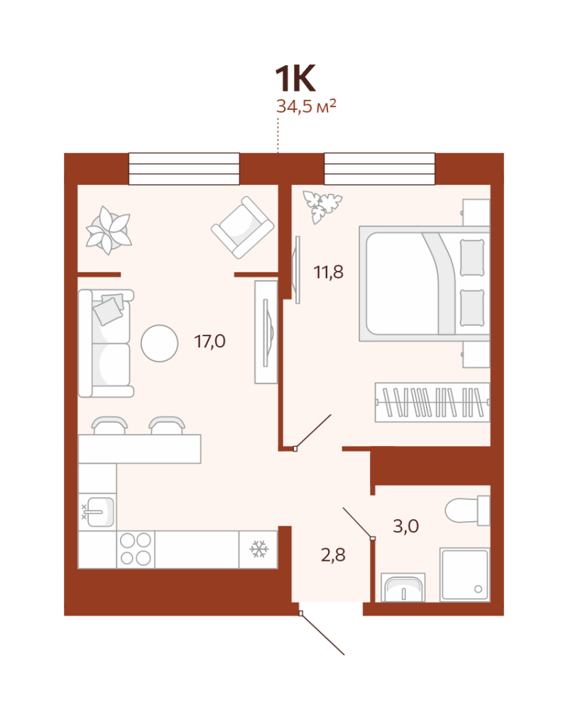 Планировка 1-комн. квартира, 34.5 м² — ЖК «Новатор»