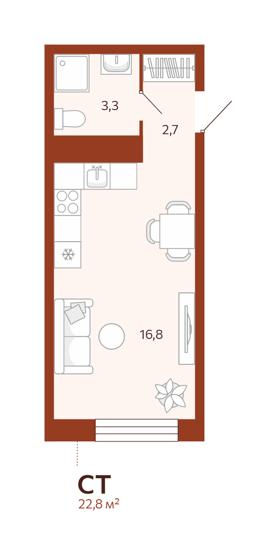 Планировка Студия, 22.8 м² — ЖК «Новатор»