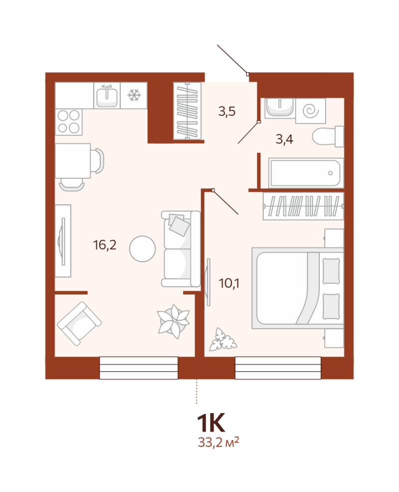 Планировка 1-комн. квартира, 33.2 м² — ЖК «Новатор»