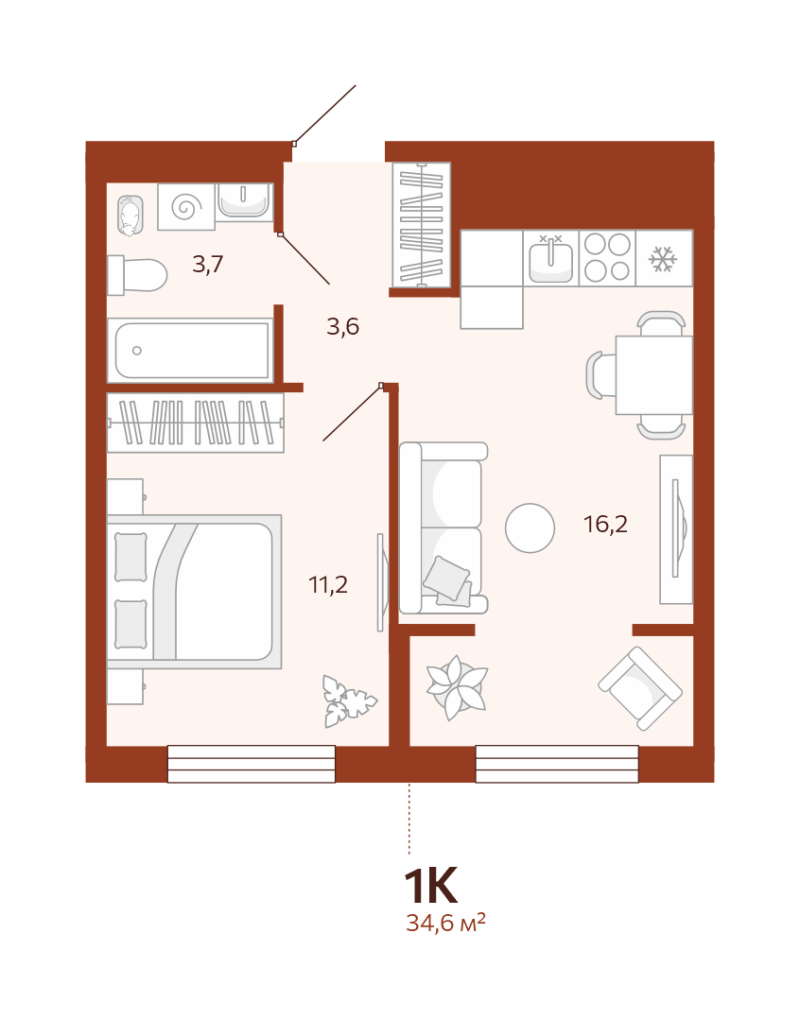 Планировка 1-комн. квартира, 34.6 м² — ЖК «Новатор»