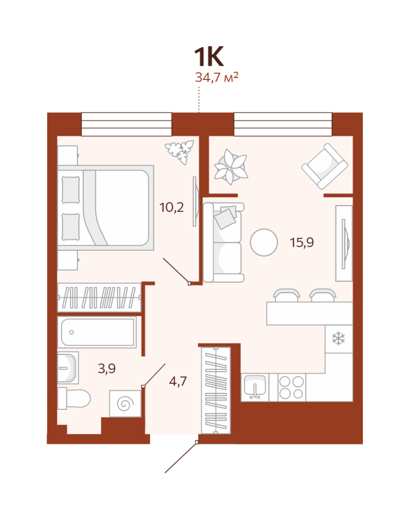 Планировка 1-комн. квартира, 34.7 м² — ЖК «Новатор»