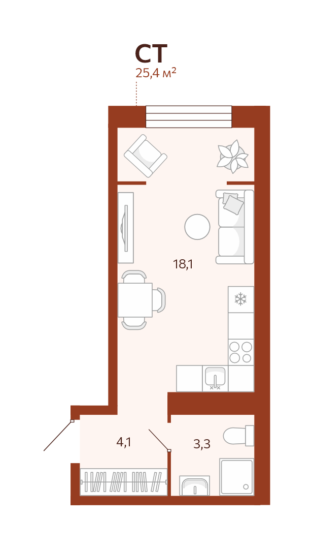 Планировка Студия, 25.4 м² — ЖК «Новатор»