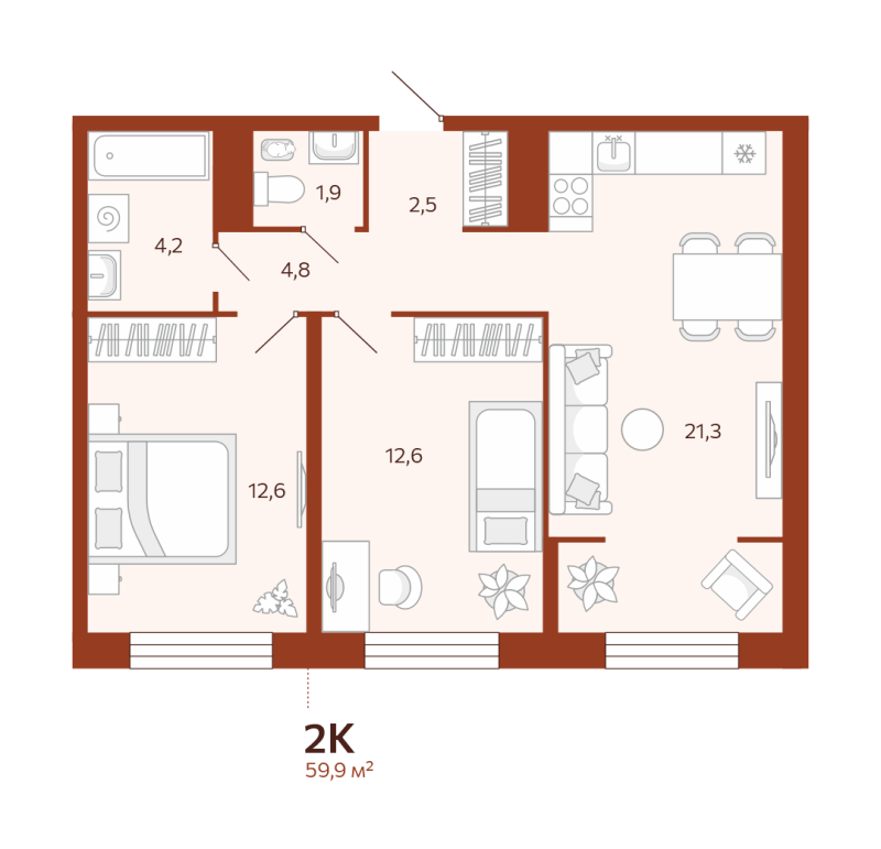 Планировка 2-комн. квартира, 59.9 м² — ЖК «Новатор»
