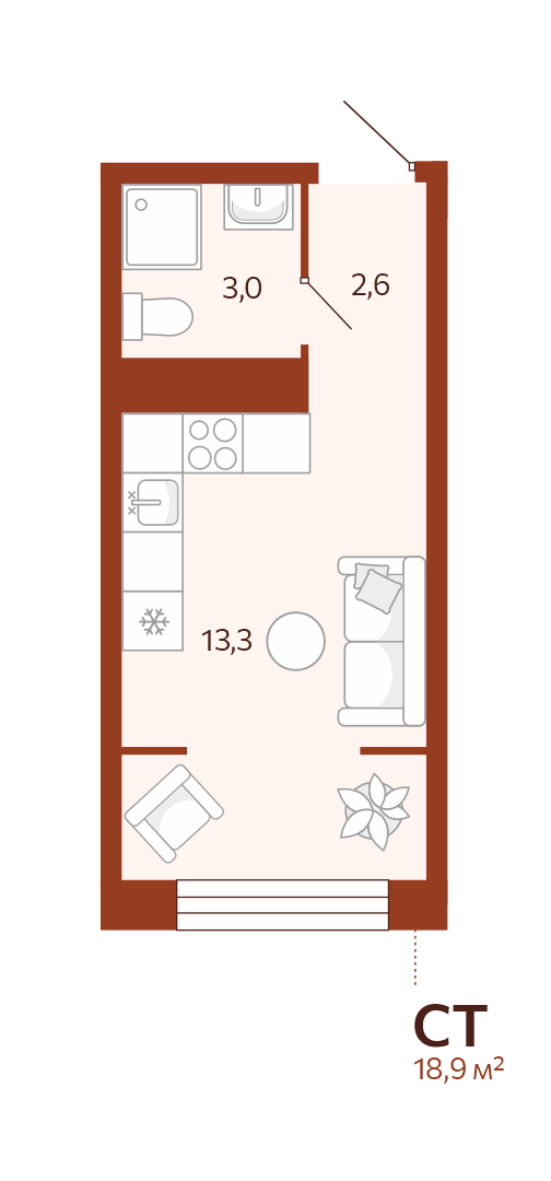 Планировка Студия, 18.9 м² — ЖК «Новатор»