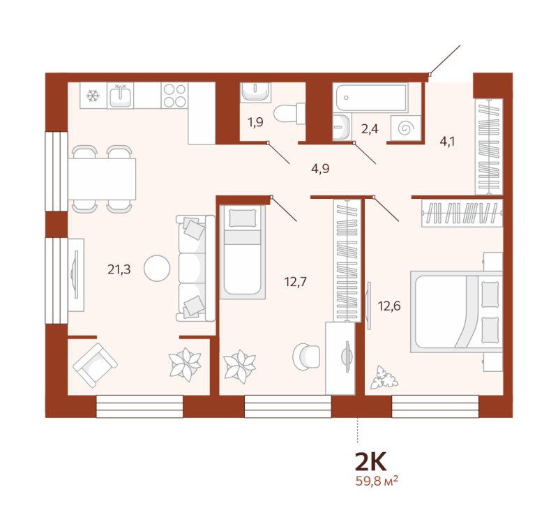 Планировка 2-комн. квартира, 59.8 м² — ЖК «Новатор»