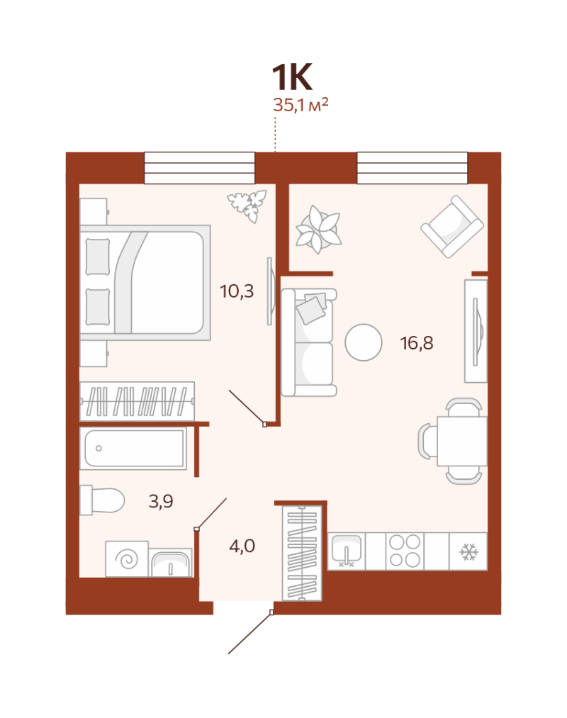 Планировка 1-комн. квартира, 35.1 м² — ЖК «Новатор»