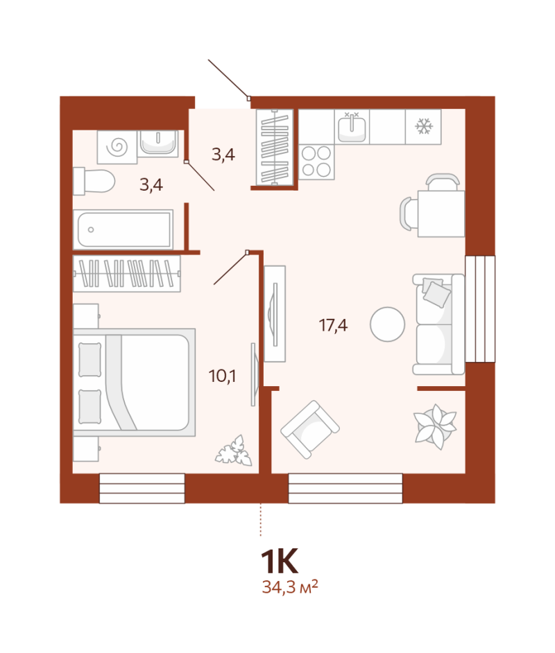 Планировка 1-комн. квартира, 34.3 м² — ЖК «Новатор»