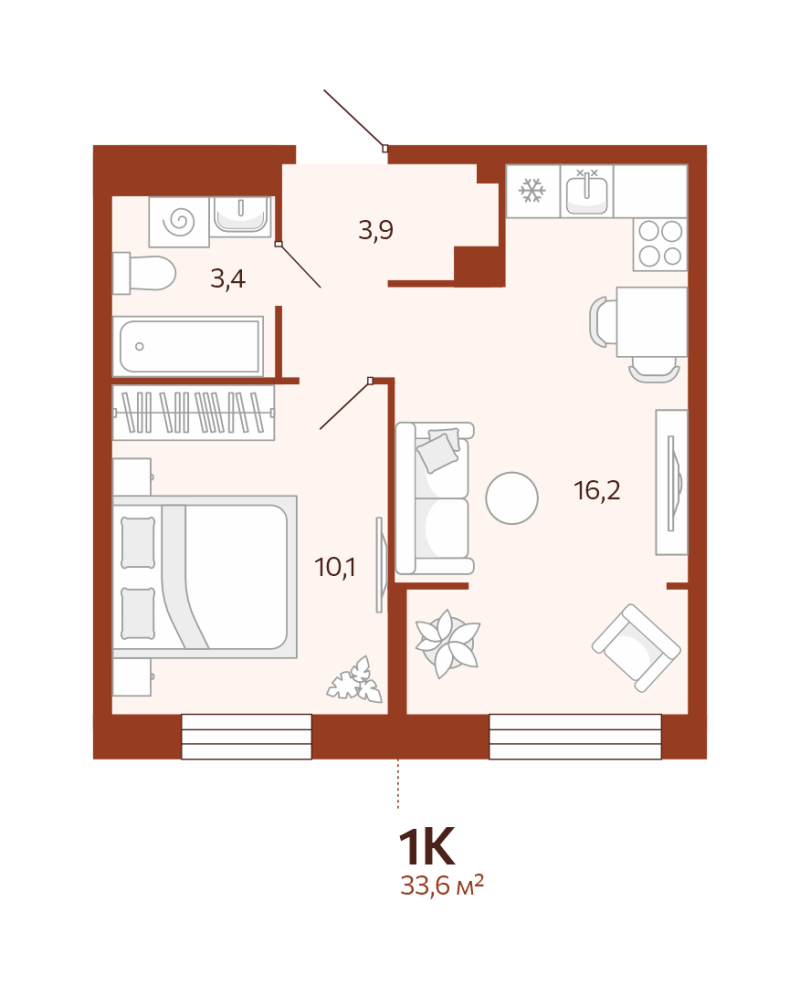 Планировка 1-комн. квартира, 33.6 м² — ЖК «Новатор»