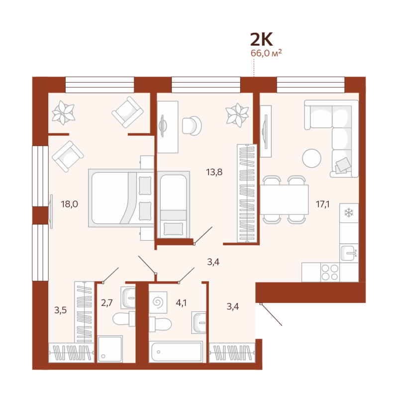 Планировка 2-комн. квартира, 66 м² — ЖК «Новатор»