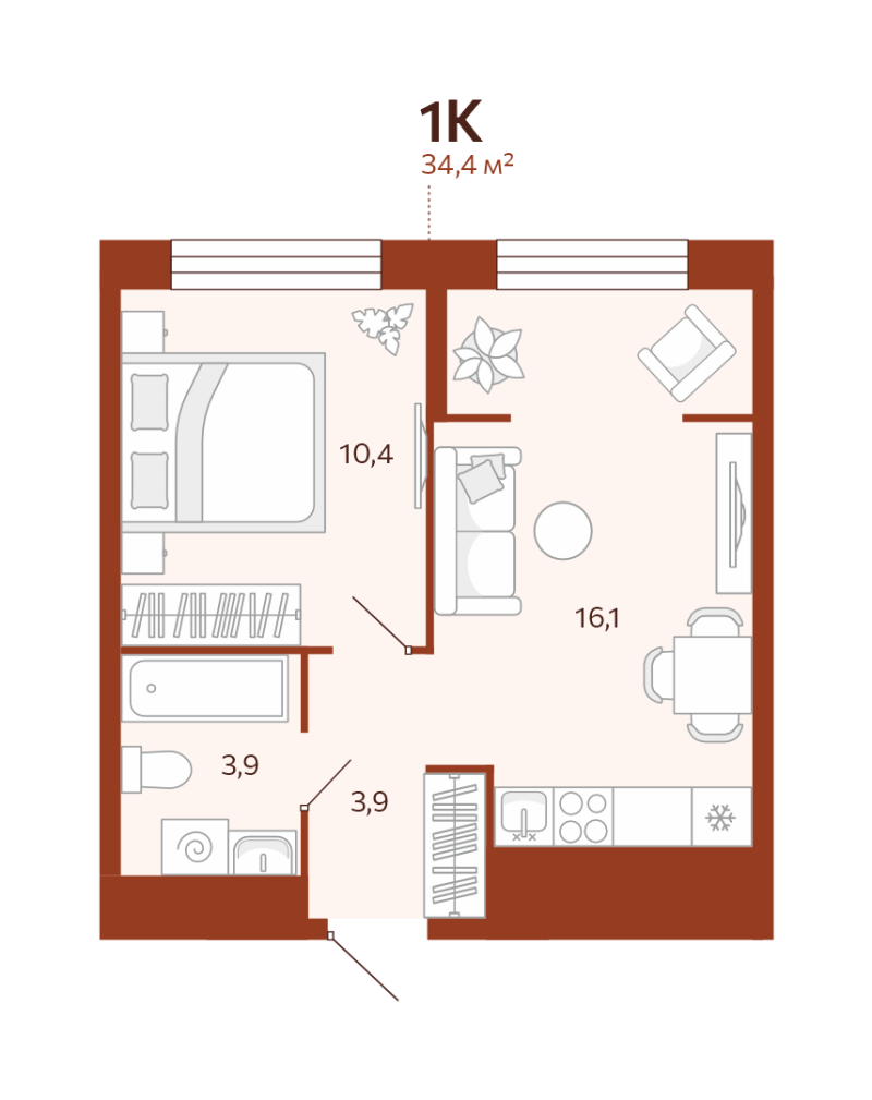 Планировка 1-комн. квартира, 34.4 м² — ЖК «Новатор»