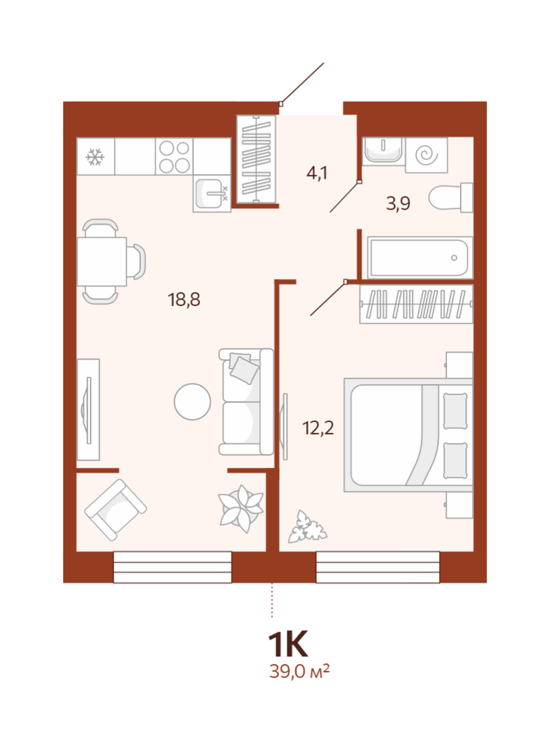 Планировка 1-комн. квартира, 39 м² — ЖК «Новатор»