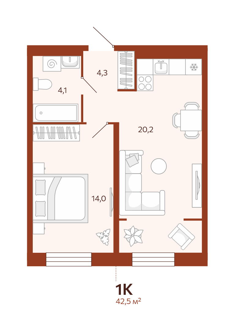Планировка 1-комн. квартира, 42.5 м² — ЖК «Новатор»
