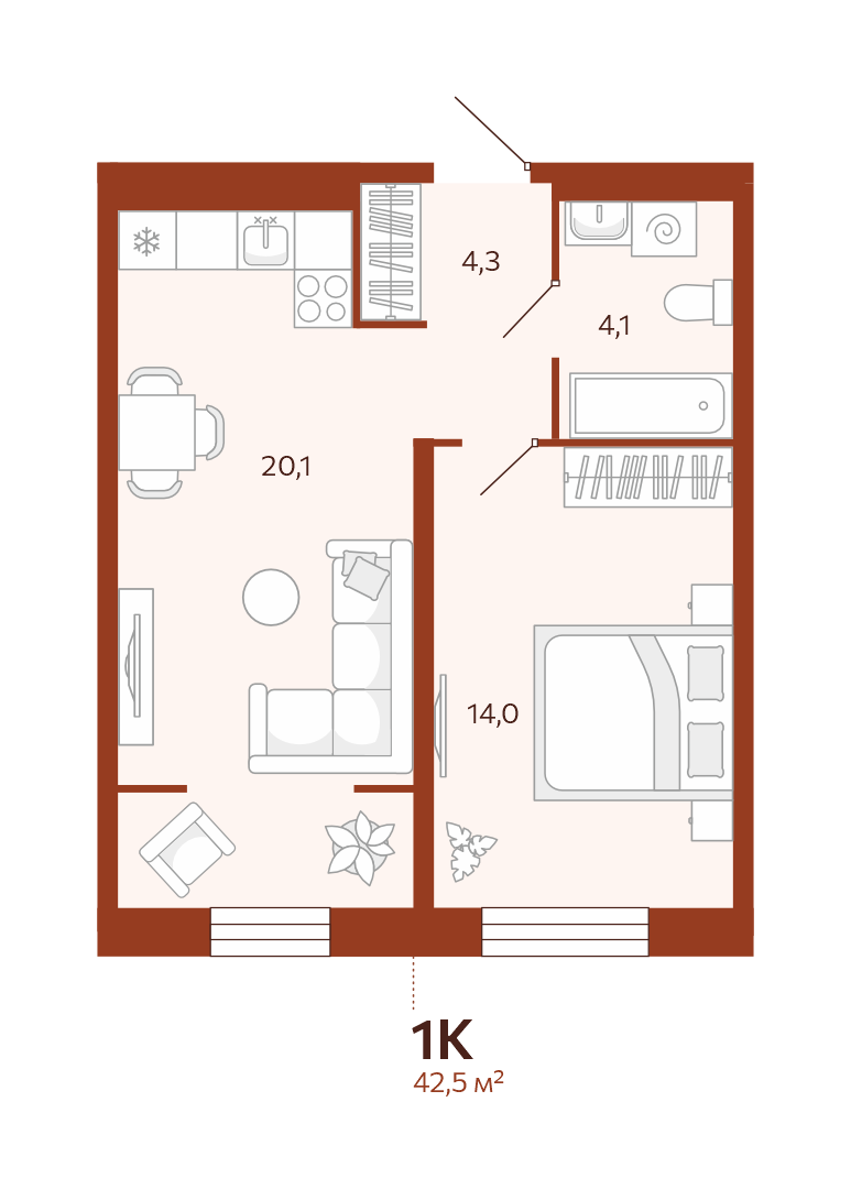 Планировка 1-комн. квартира, 42.5 м² — ЖК «Новатор»