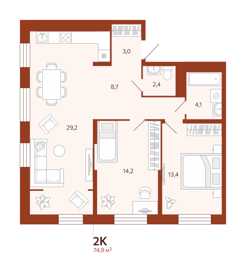 Планировка 2-комн. квартира, 74.9 м² — ЖК «Новатор»