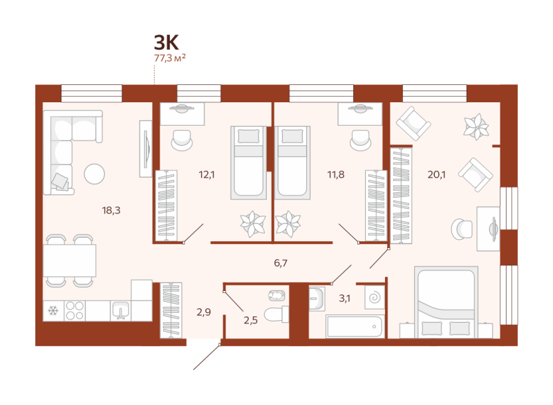 Планировка 3-комн. квартира, 77.3 м² — ЖК «Новатор»
