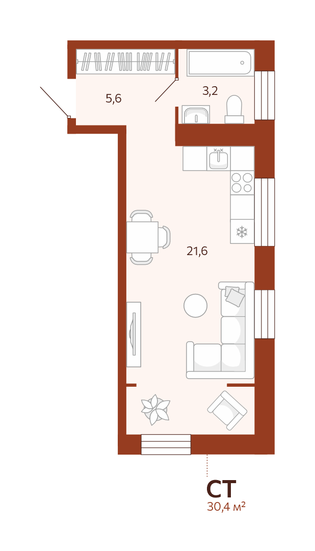 Планировка Студия, 30.4 м² — ЖК «Новатор»