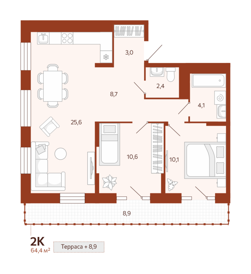 Планировка 2-комн. квартира, 64.4 м² — ЖК «Новатор»