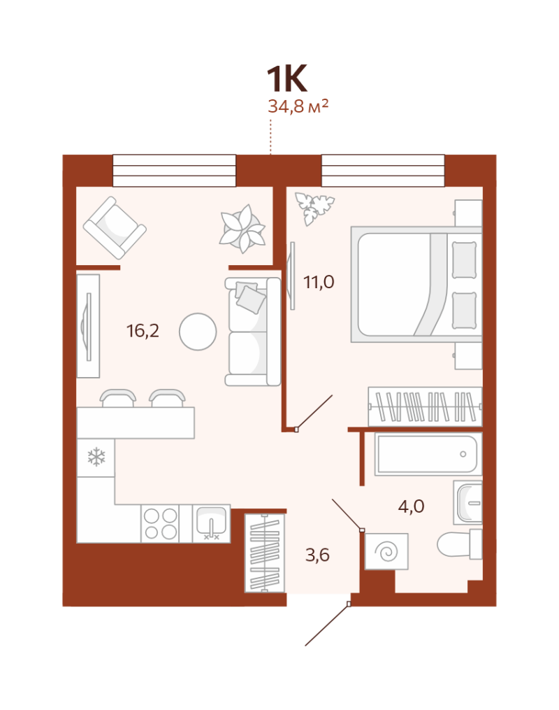 Планировка 1-комн. квартира, 34.8 м² — ЖК «Новатор»