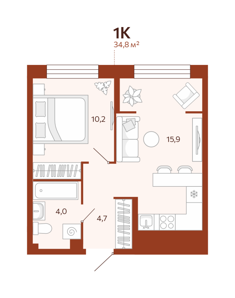 Планировка 1-комн. квартира, 34.8 м² — ЖК «Новатор»