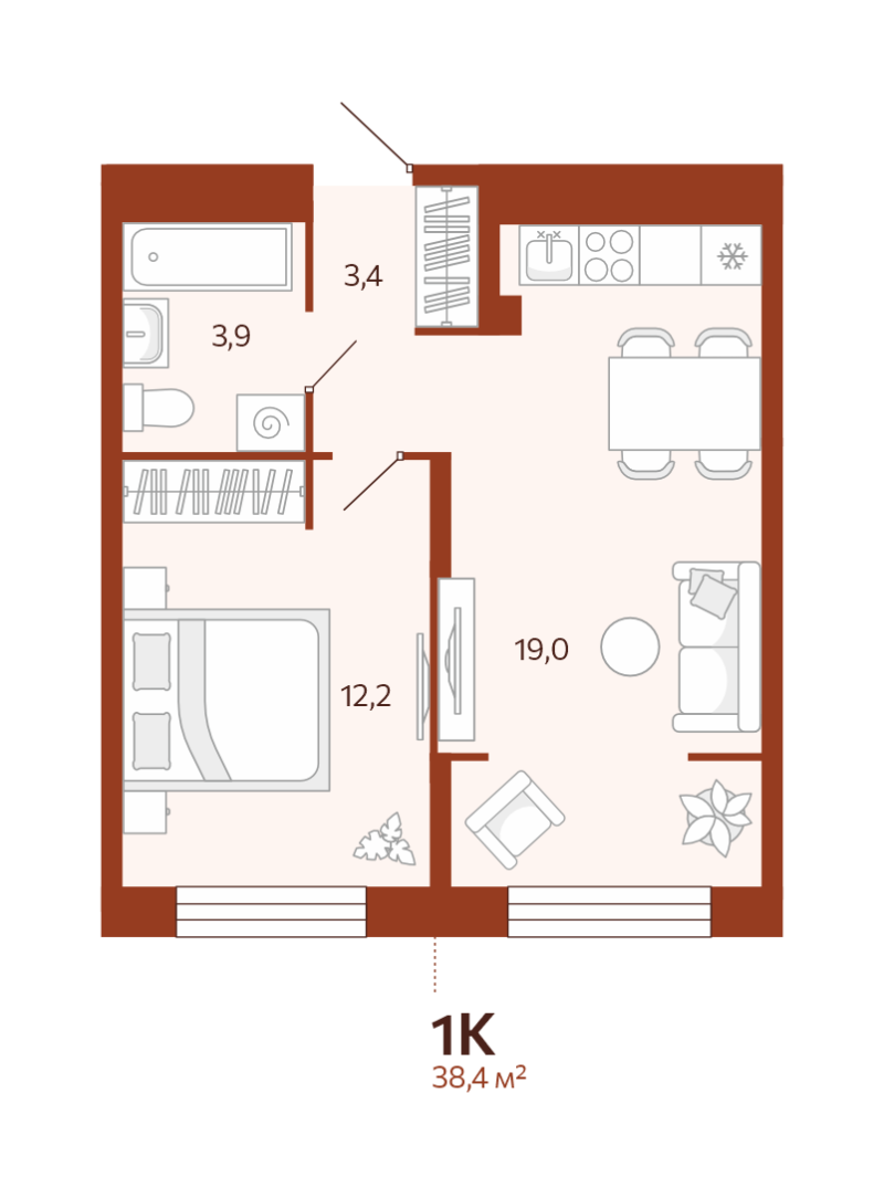 Планировка 1-комн. квартира, 38.4 м² — ЖК «Новатор»