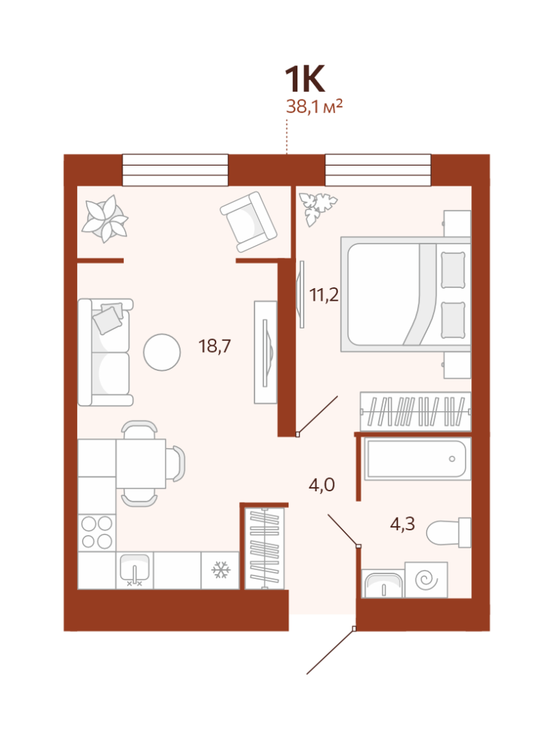 Планировка 1-комн. квартира, 38.1 м² — ЖК «Новатор»