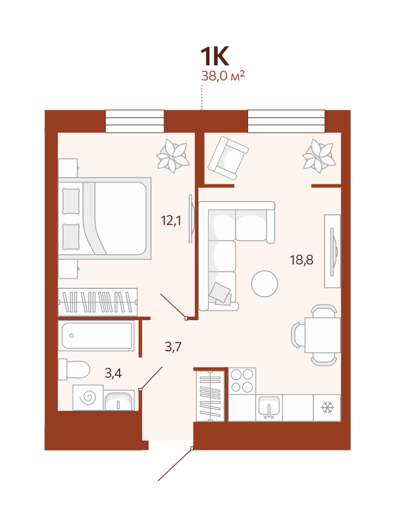 Планировка 1-комн. квартира, 38 м² — ЖК «Новатор»