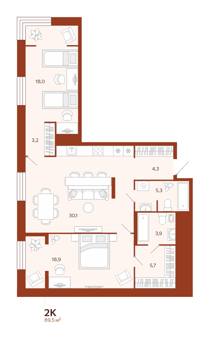 Планировка 2-комн. квартира, 89.5 м² — ЖК «Новатор»